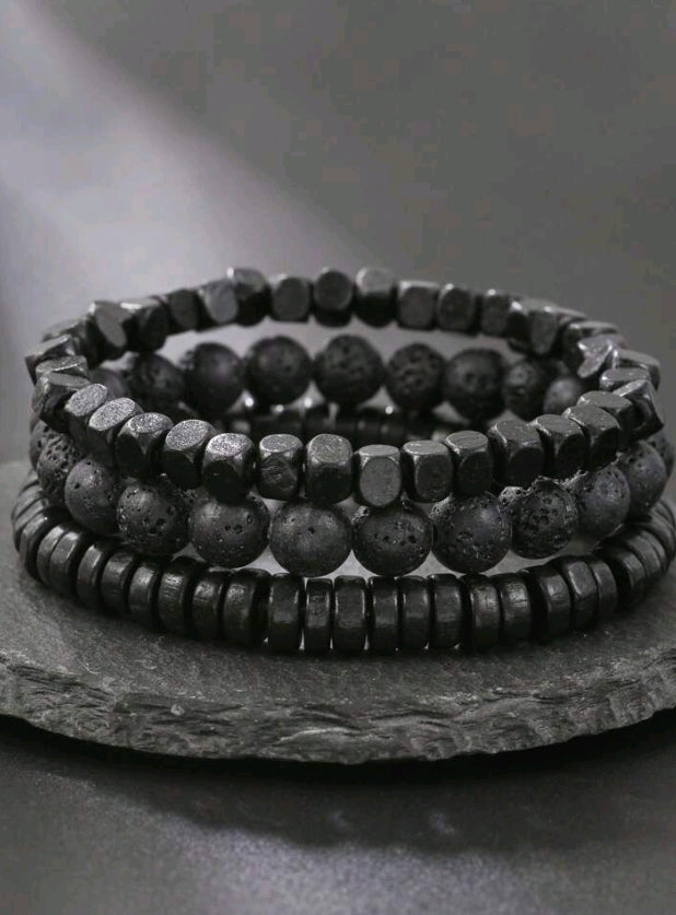 Black Stone Beaded Bracelet Stack